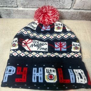 Miller Lite Beer HAT Ugly Christmas Beanie Red Pom Gift Tag Happy Holidays